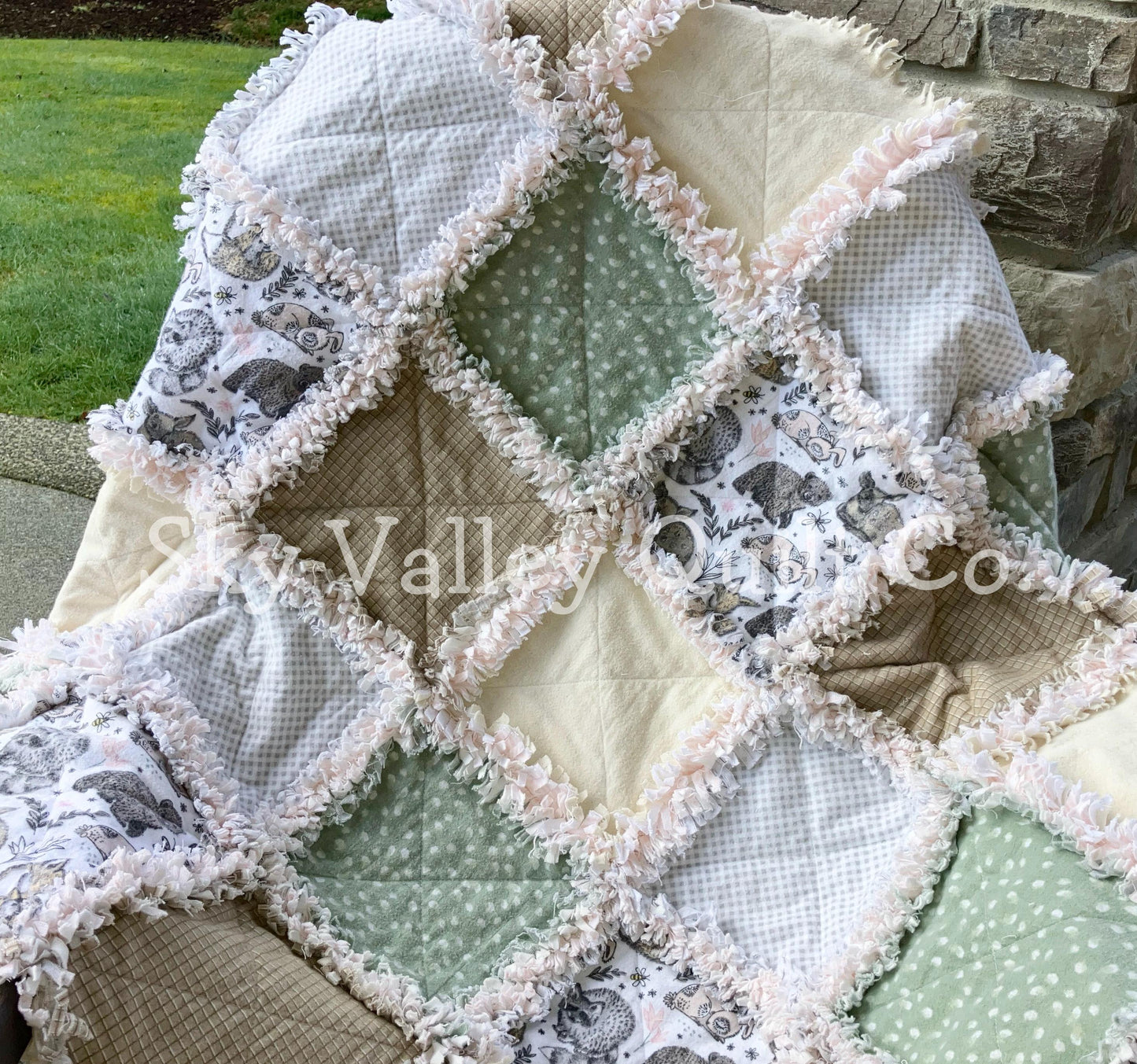 Finished and Ready to ship rag quilt - woodland animals in green gray and beige