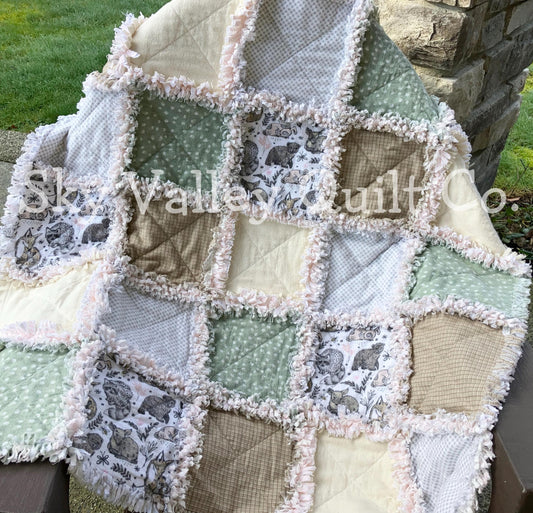 Finished and Ready to ship rag quilt - woodland animals in green gray and beige