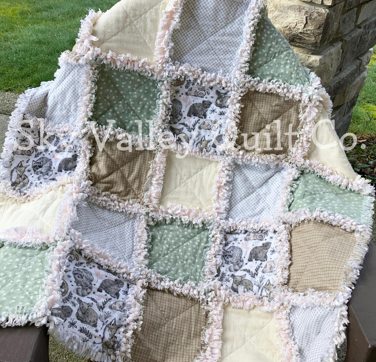 Pre Cut Rag Quilt KIT -gender neutral woodland animals in green gray and beige