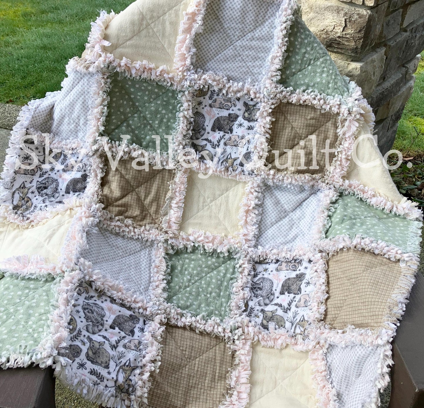 Finished and Ready to ship rag quilt - woodland animals in green gray and beige
