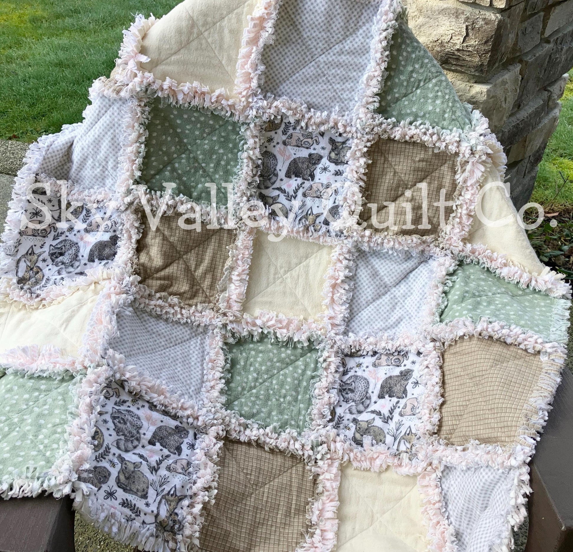 Finished and Ready to ship rag quilt - woodland animals in green gray and beige