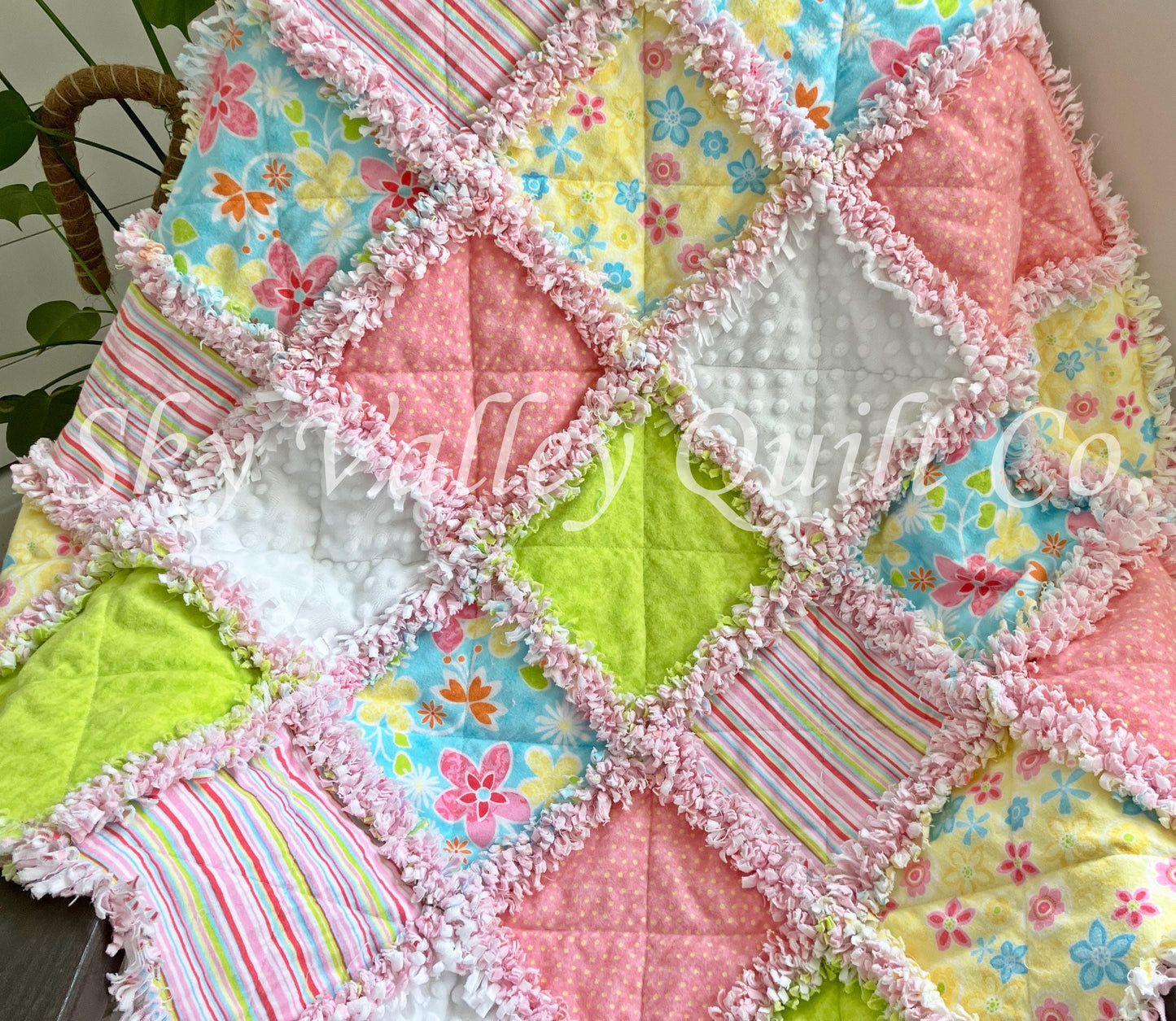 Precut rag quilt KIT ~ Flower Punch, bright pink, green and yellow flannels