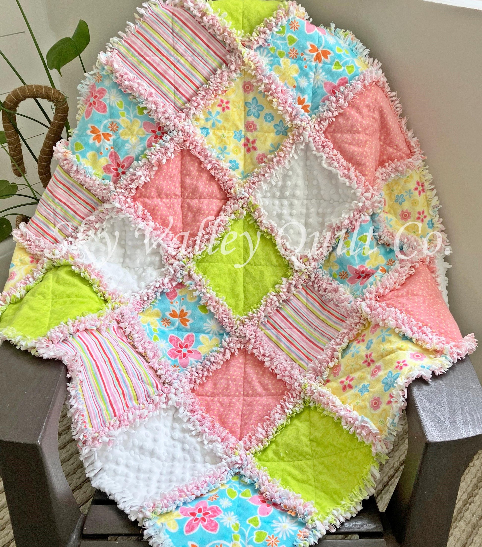 Precut rag quilt KIT ~ Flower Punch, bright pink, green and yellow flannels