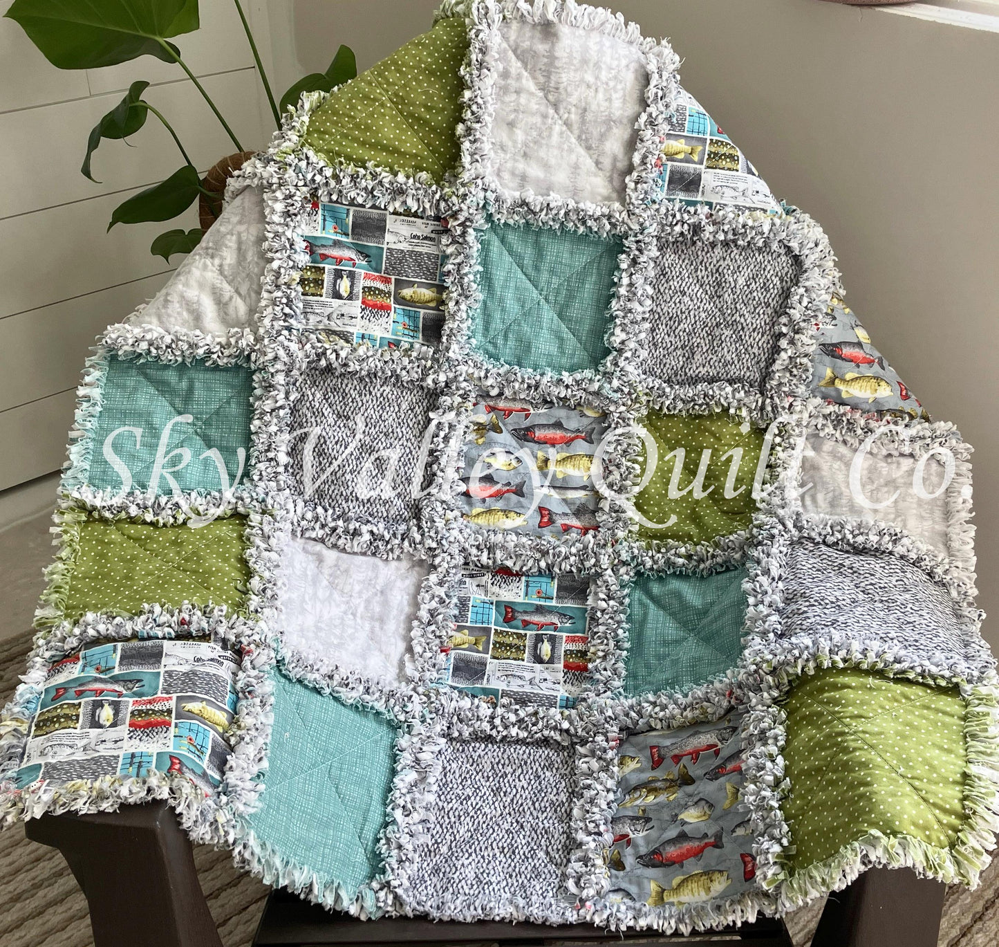 Pre Cut Rag Quilt KIT -River Rhythms by studio E ~ Fishing cottons, teal, green, gray, 3 layers
