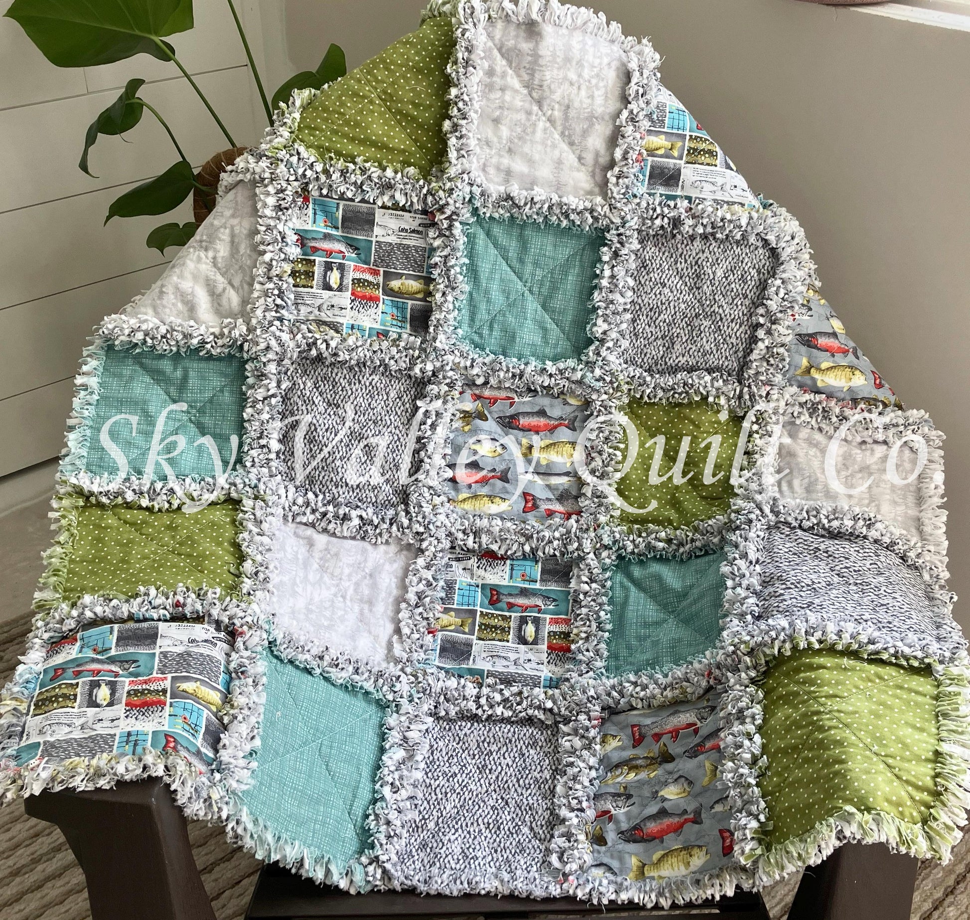 Pre Cut Rag Quilt KIT -River Rhythms by studio E ~ Fishing cottons, teal, green, gray, 3 layers