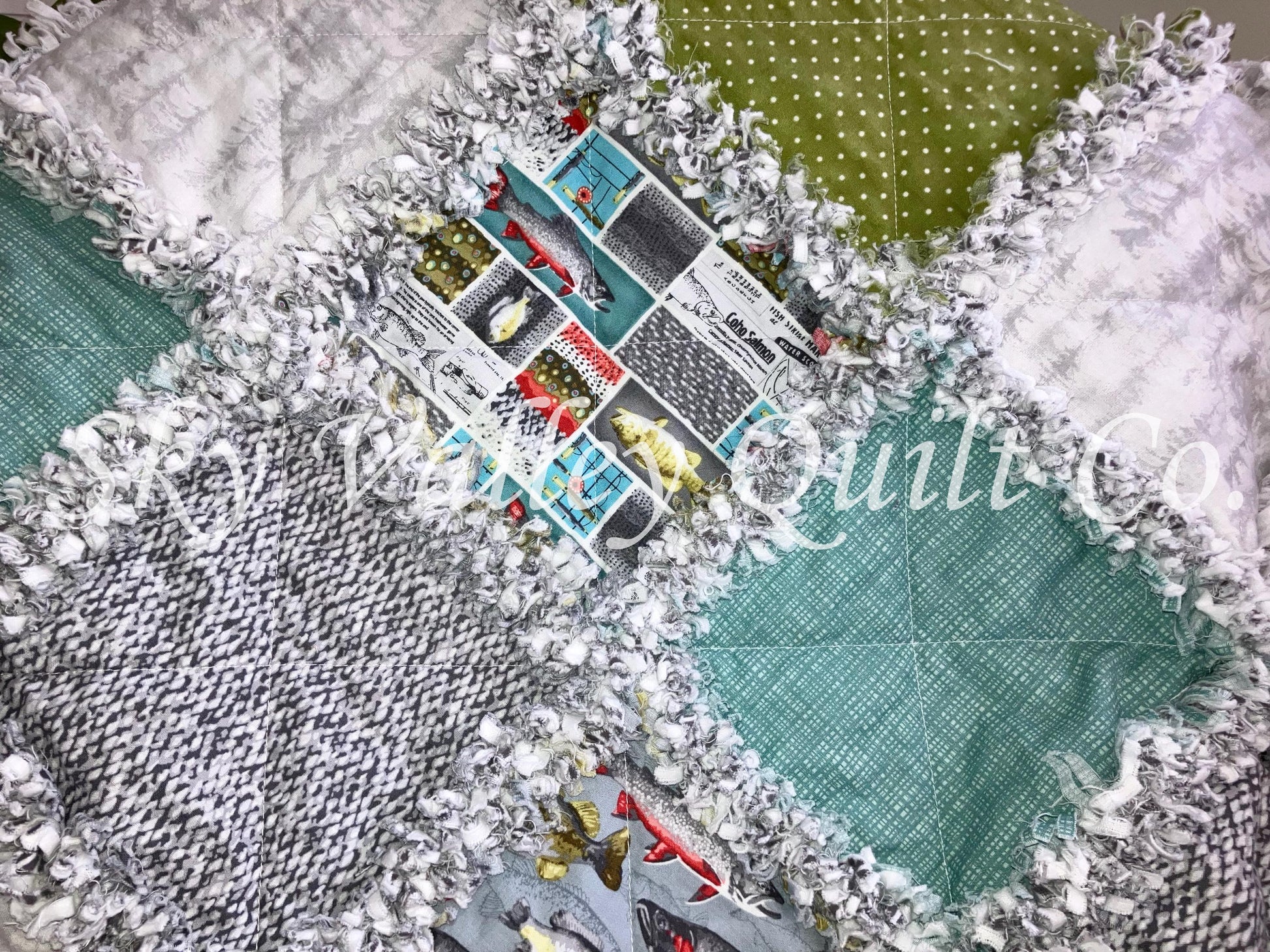 Pre Cut Rag Quilt KIT -River Rhythms by studio E ~ Fishing cottons, teal, green, gray, 3 layers