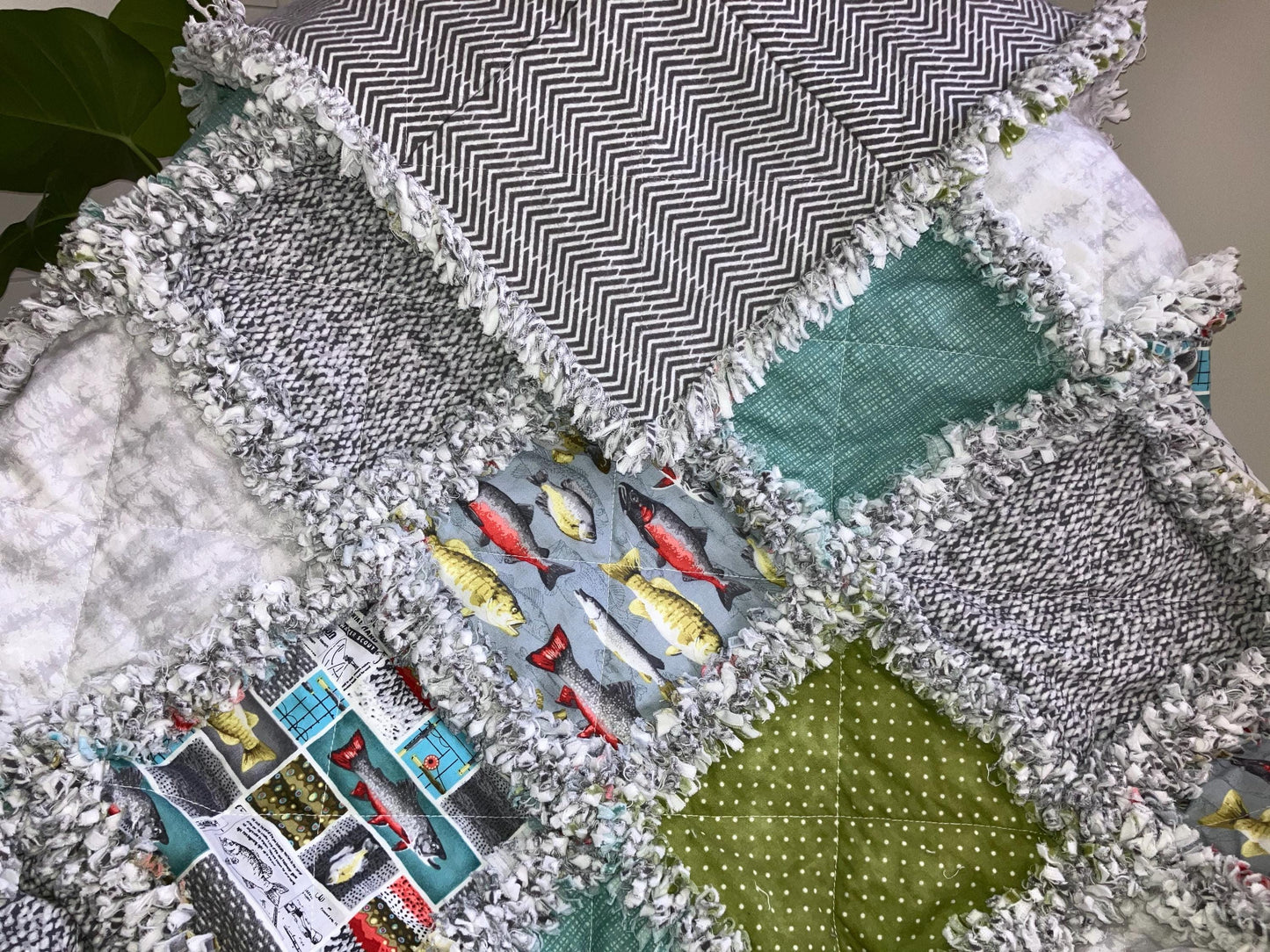 Pre Cut Rag Quilt KIT -River Rhythms by studio E ~ Fishing cottons, teal, green, gray, 3 layers