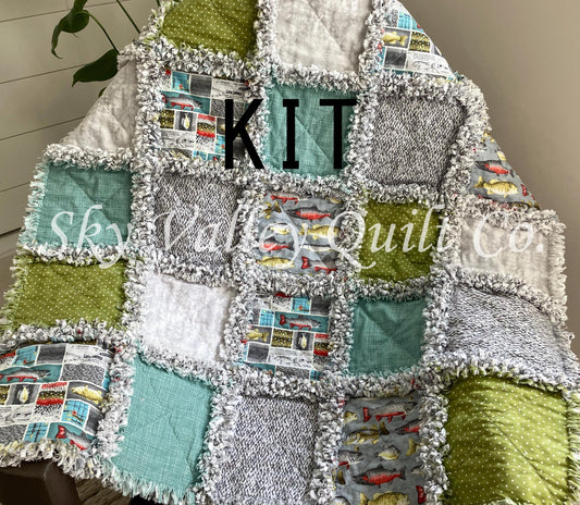 Pre Cut Rag Quilt KIT -River Rhythms by studio E ~ Fishing cottons, teal, green, gray, 3 layers