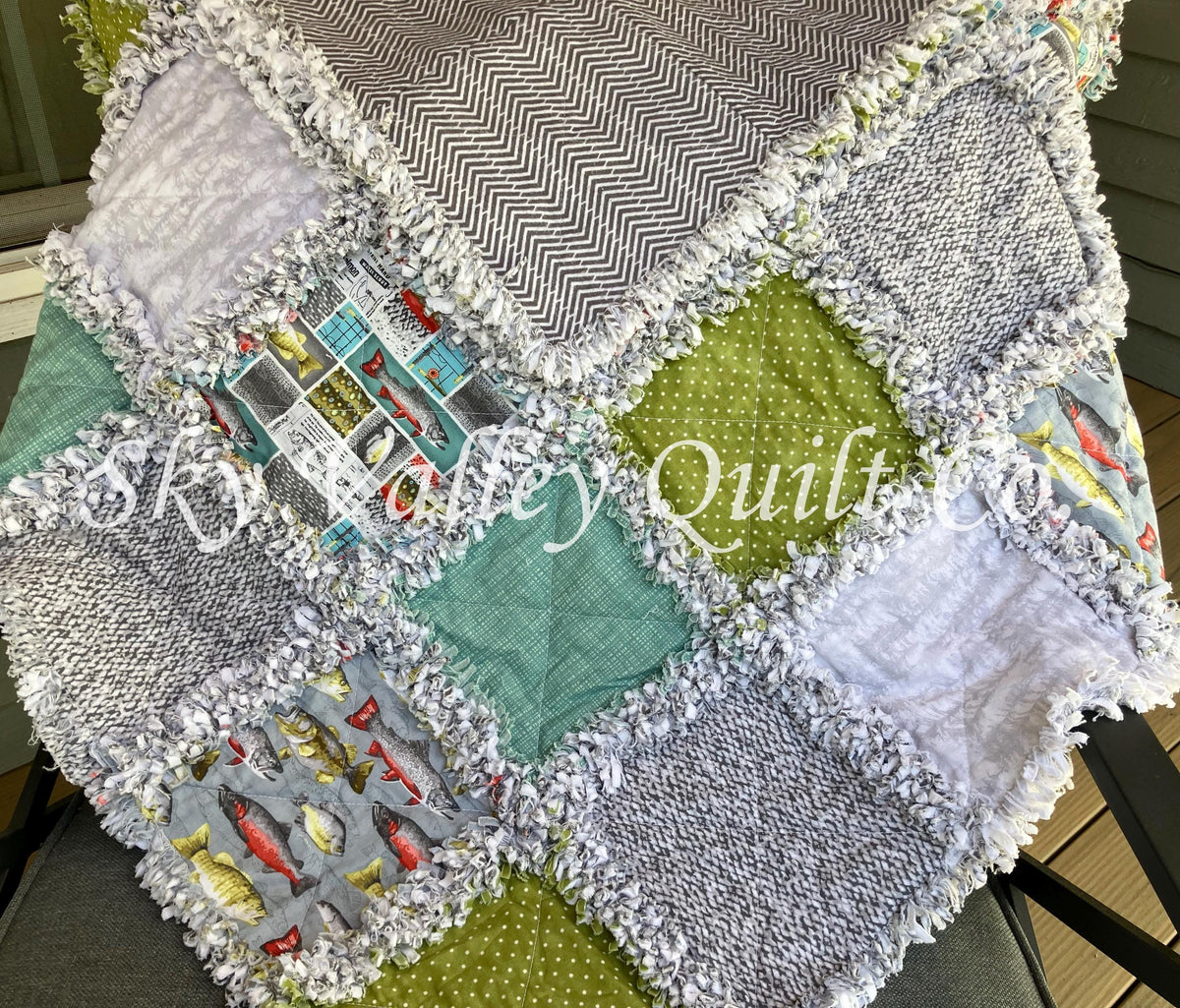 Pre Cut Rag Quilt KIT -River Rhythms by studio E ~ Fishing cottons, teal, green, gray, 3 layers