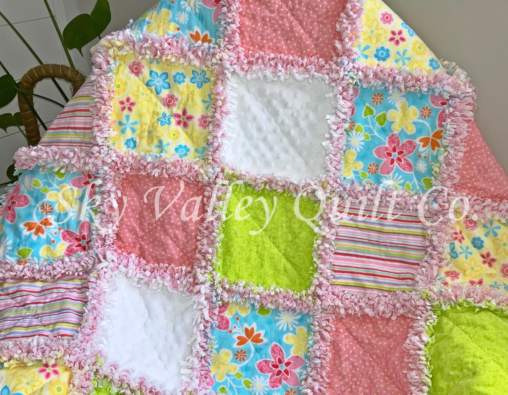 Precut rag quilt KIT ~ Flower Punch, bright pink, green and yellow flannels