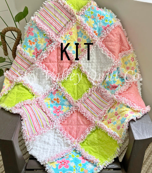 Precut rag quilt KIT ~ Flower Punch, bright pink, green and yellow flannels