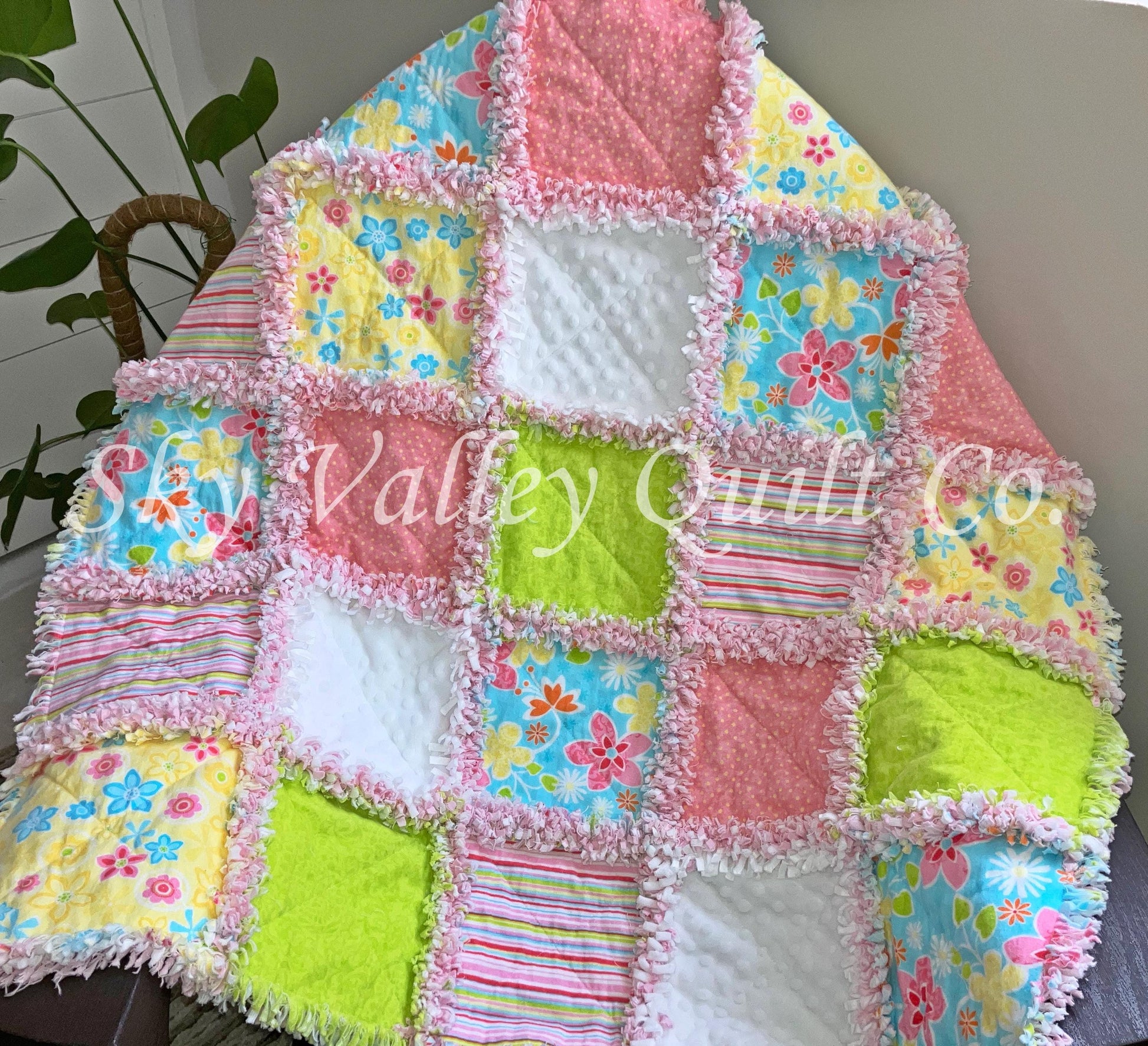 Precut rag quilt KIT ~ Flower Punch, bright pink, green and yellow flannels