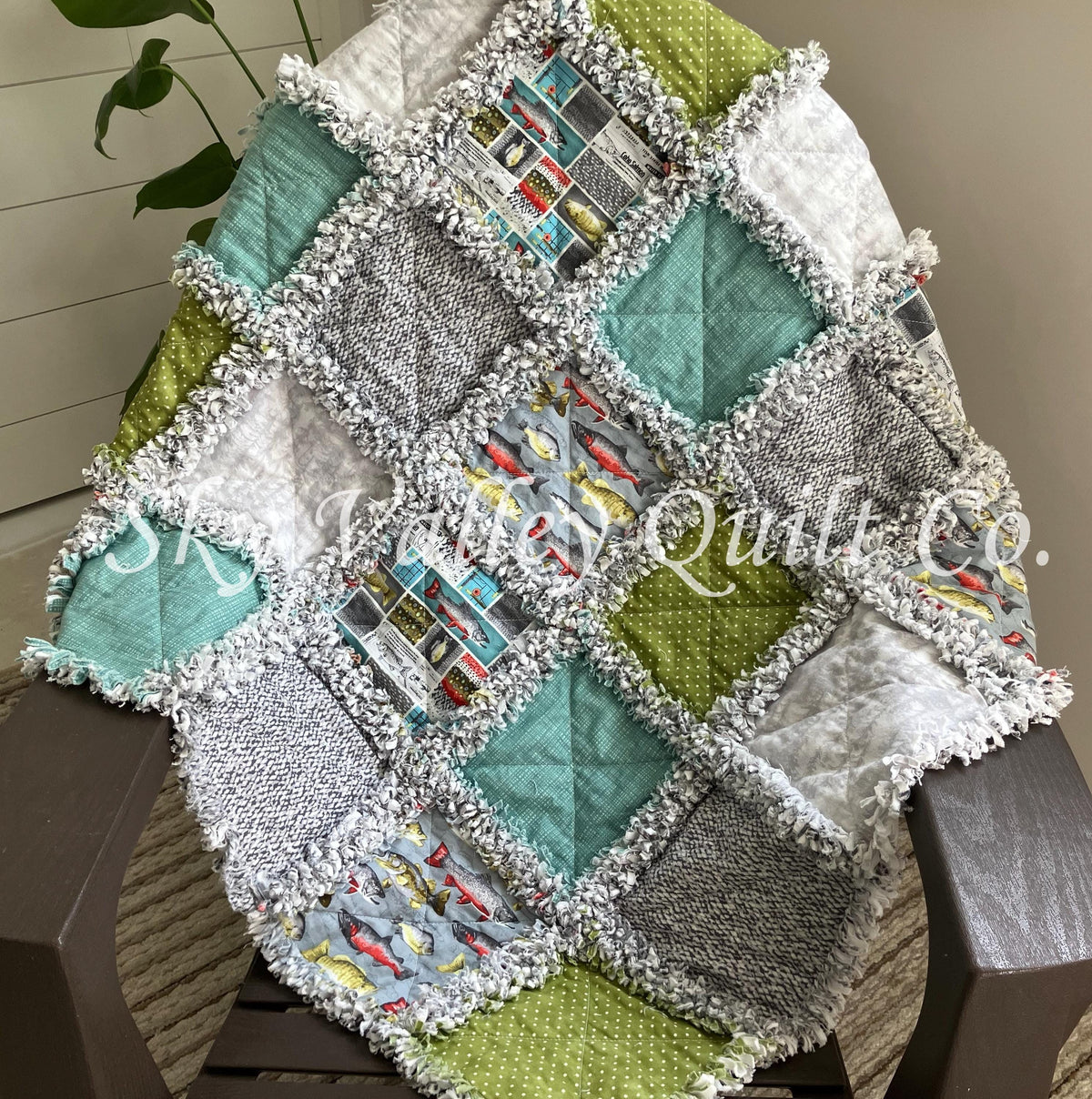 Pre Cut Rag Quilt KIT -River Rhythms by studio E ~ Fishing cottons, teal, green, gray, 3 layers