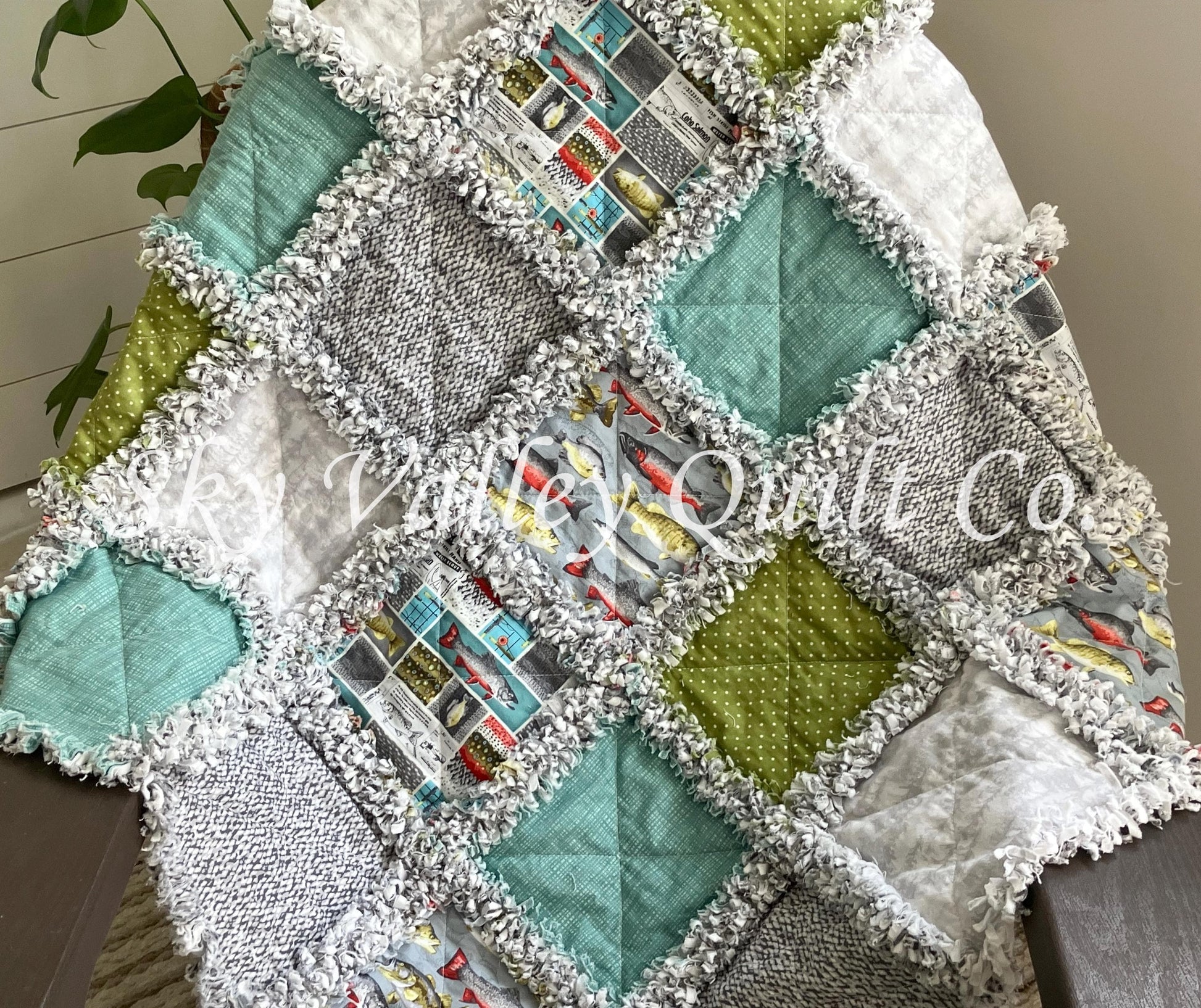 Pre Cut Rag Quilt KIT -River Rhythms by studio E ~ Fishing cottons, teal, green, gray, 3 layers