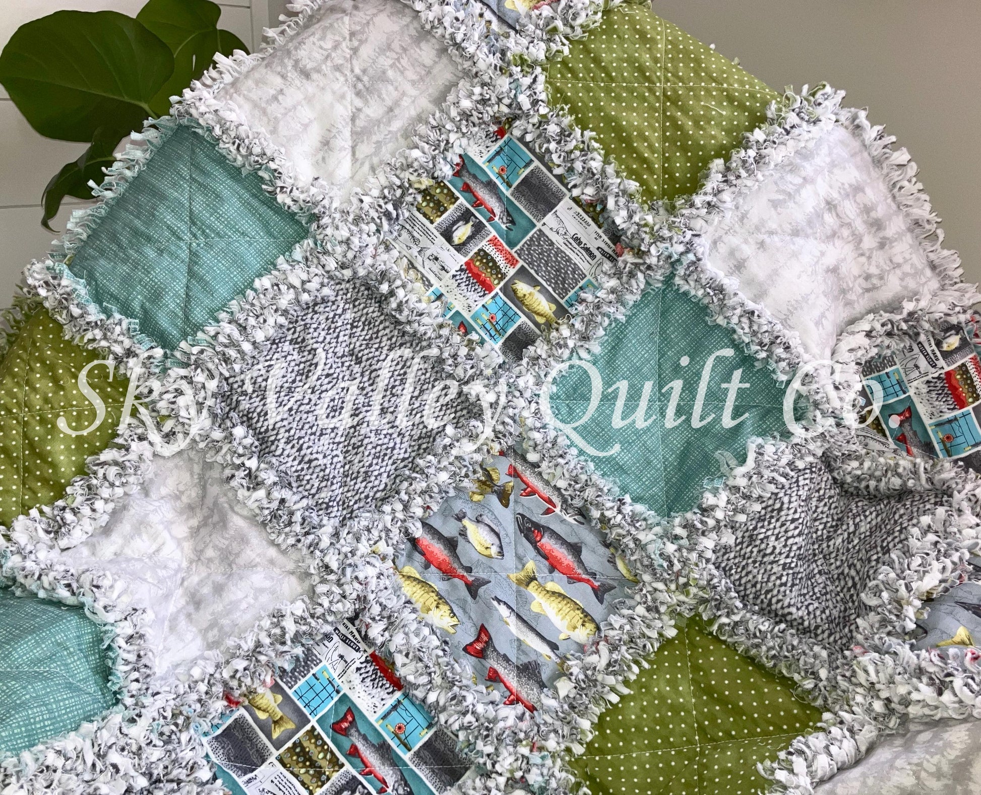 Pre Cut Rag Quilt KIT -River Rhythms by studio E ~ Fishing cottons, teal, green, gray, 3 layers
