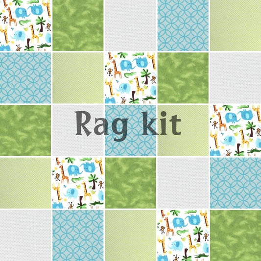 Pre Cut Rag Quilt KIT -Zoo jungle animals in aqua, green and blue
