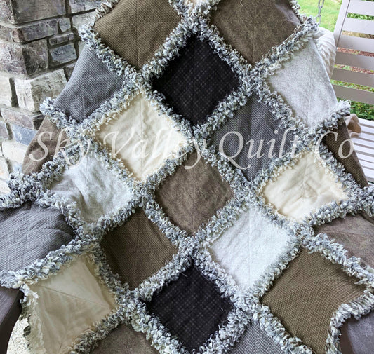 Pre Cut Rag Quilt KIT -Maywood Studios Designer flannels WOOLIES neutral collection