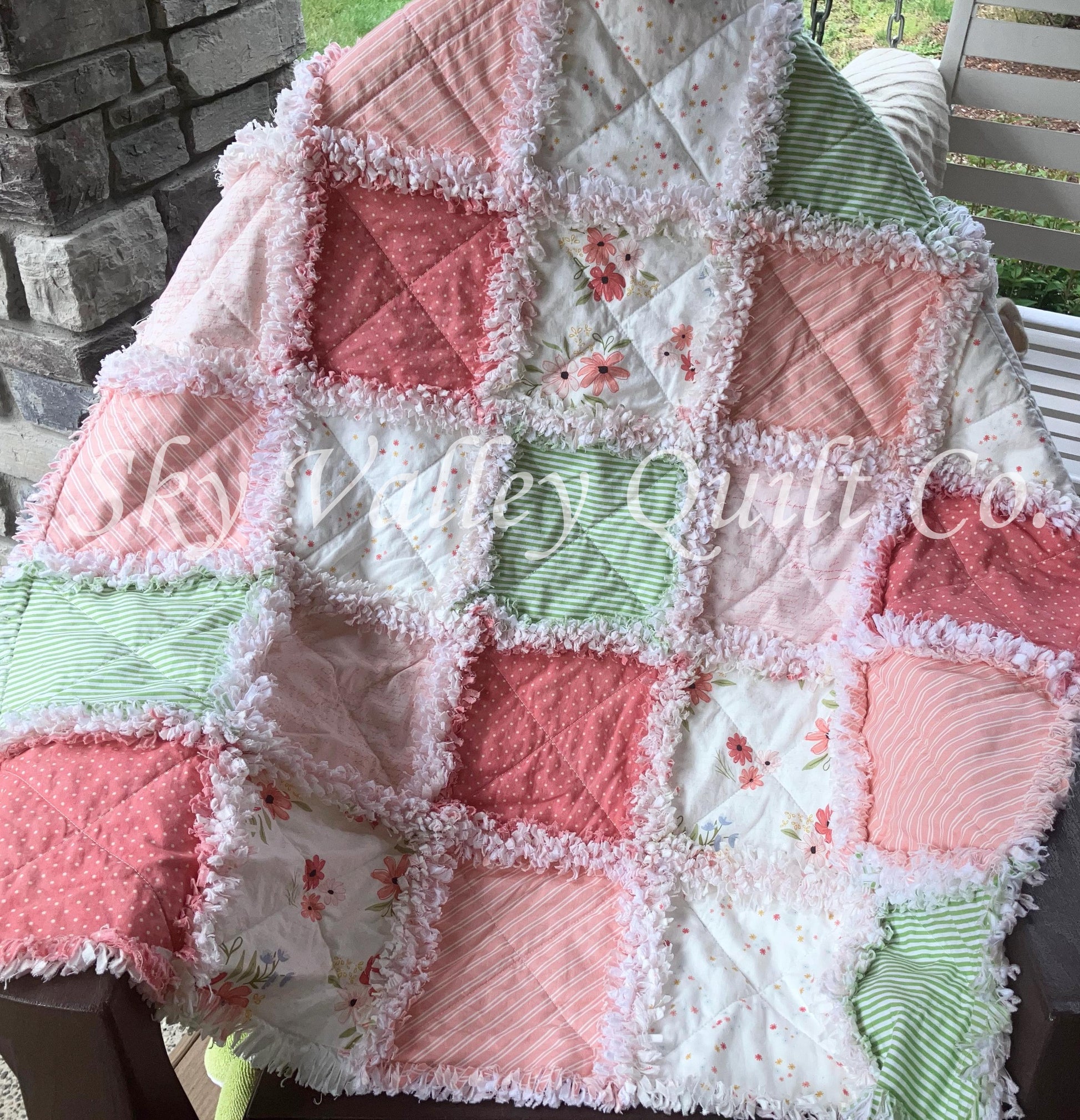 Finished and ready to ship Rag quilt -Riley Blake Between the Pages Open Book, Coral, blush, green florals