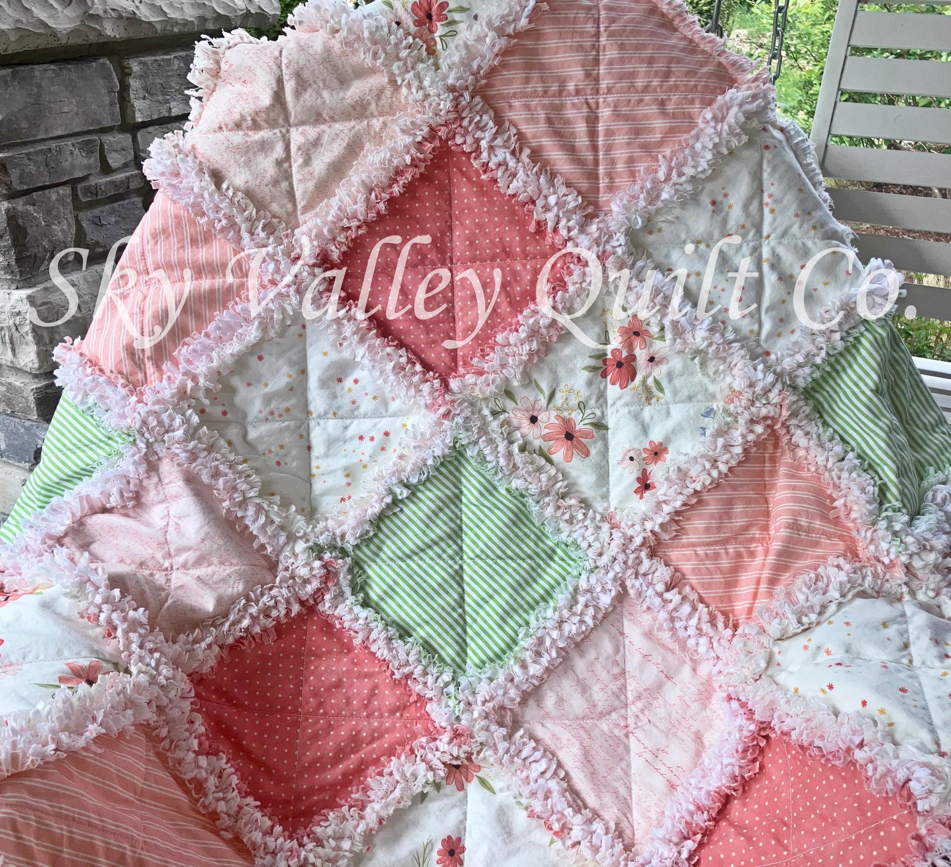 Finished and ready to ship Rag quilt -Riley Blake Between the Pages Open Book, Coral, blush, green florals