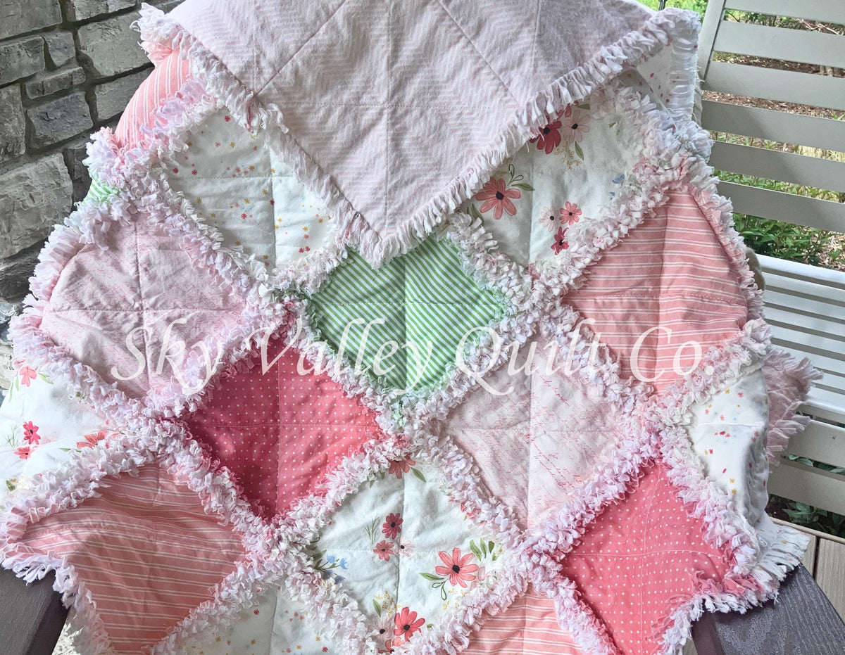 Pre Cut Rag Quilt KIT -Riley Blake Between the Pages Open Book, Coral, blush, green florals