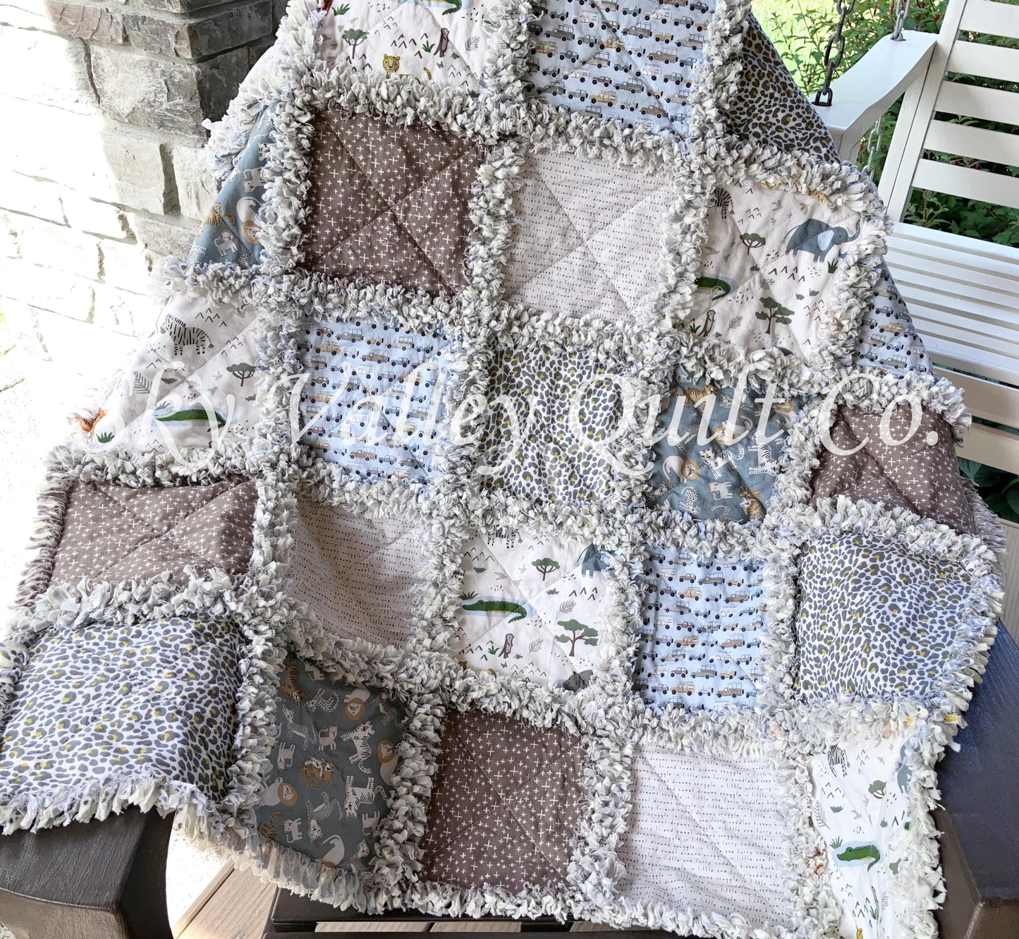 Finished and ready to ship Rag Quilt -Riley Blake Leo and Savannah, safari animals, blue and tan