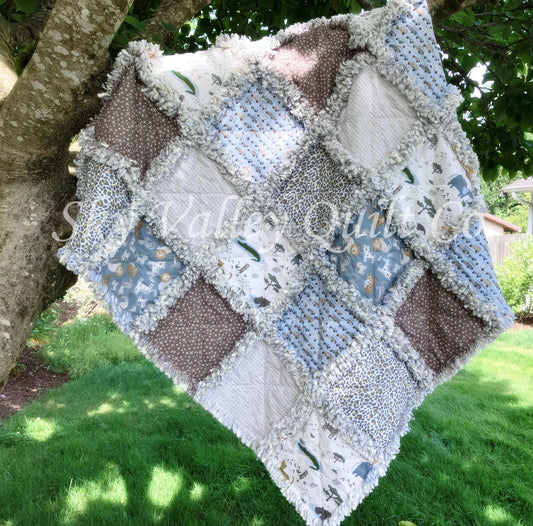 Pre Cut Rag Quilt KIT -Riley Blake Leo and Savannah, safari animals, blue and tan