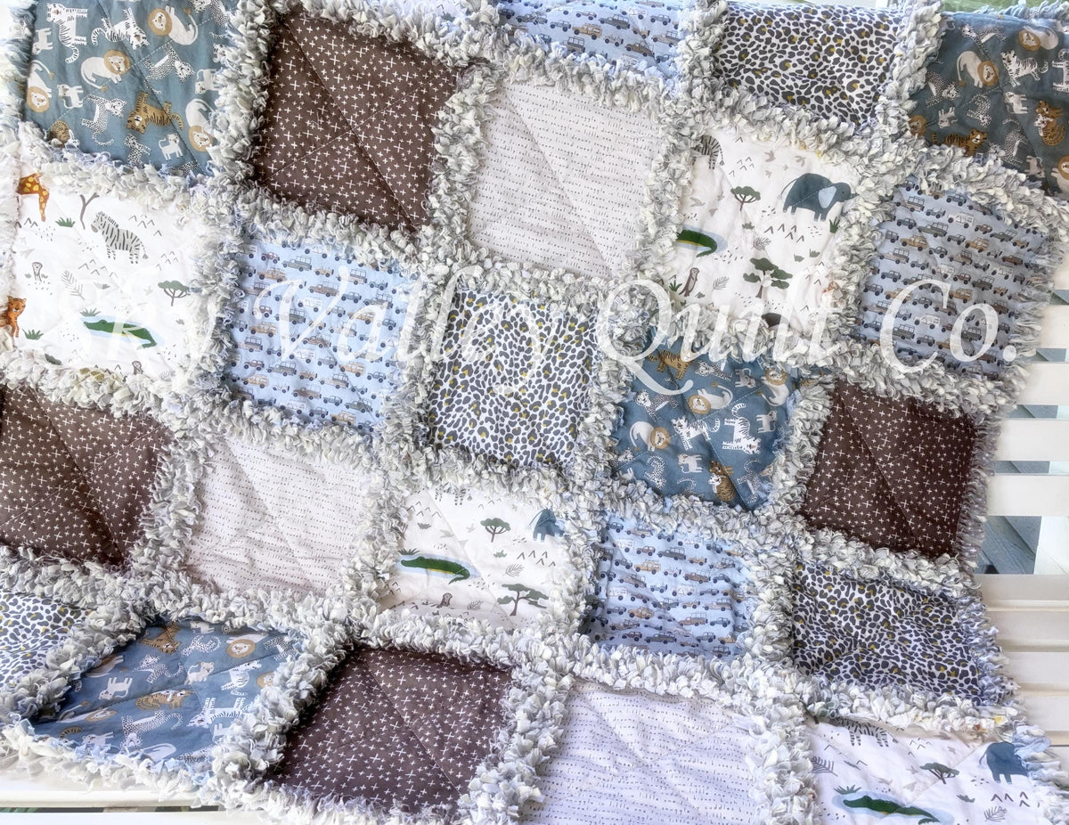 Pre Cut Rag Quilt KIT -Riley Blake Leo and Savannah, safari animals, blue and tan