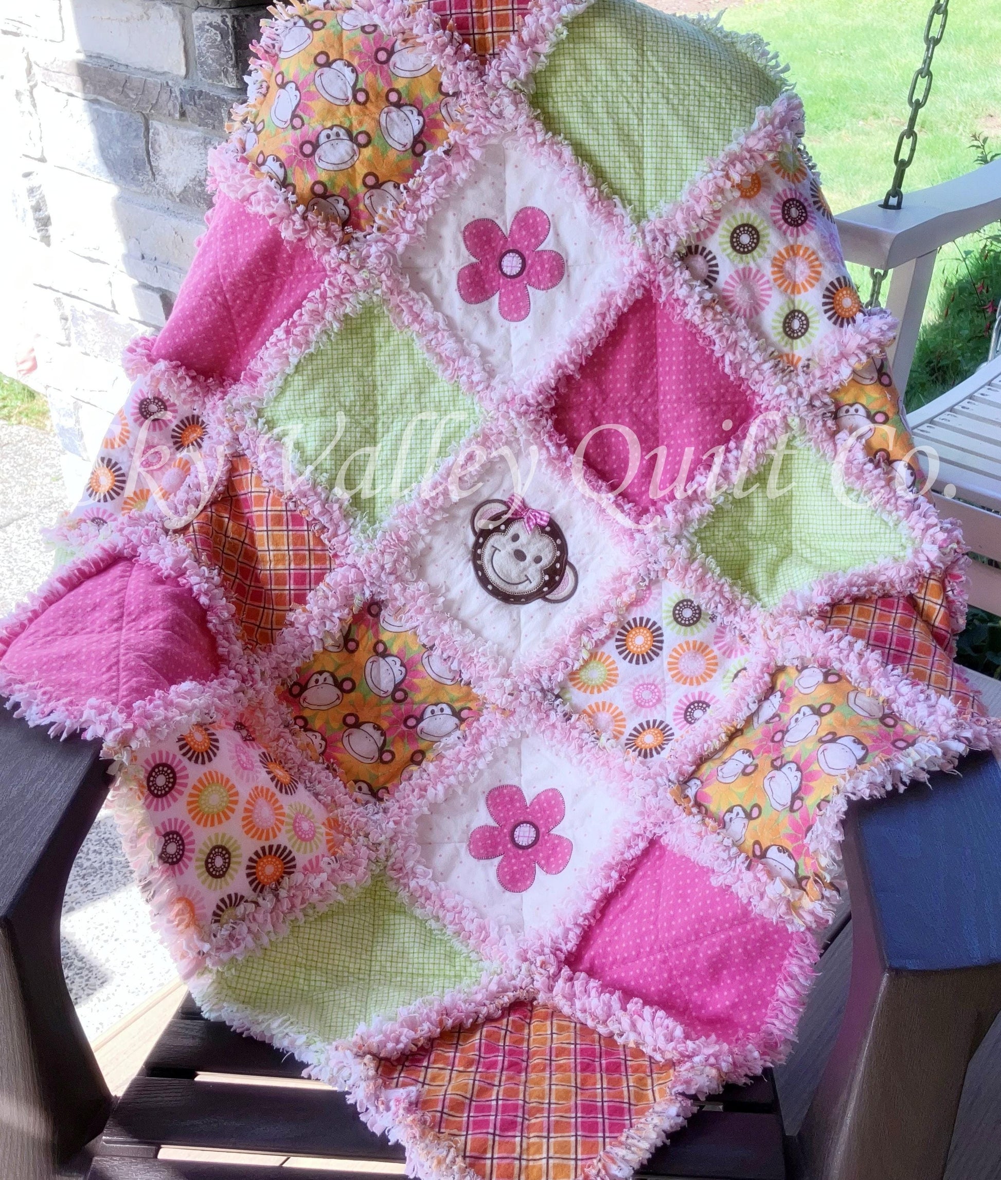 Pre Cut Rag Quilt KIT -pink and green monkeys, all 3 layers included!