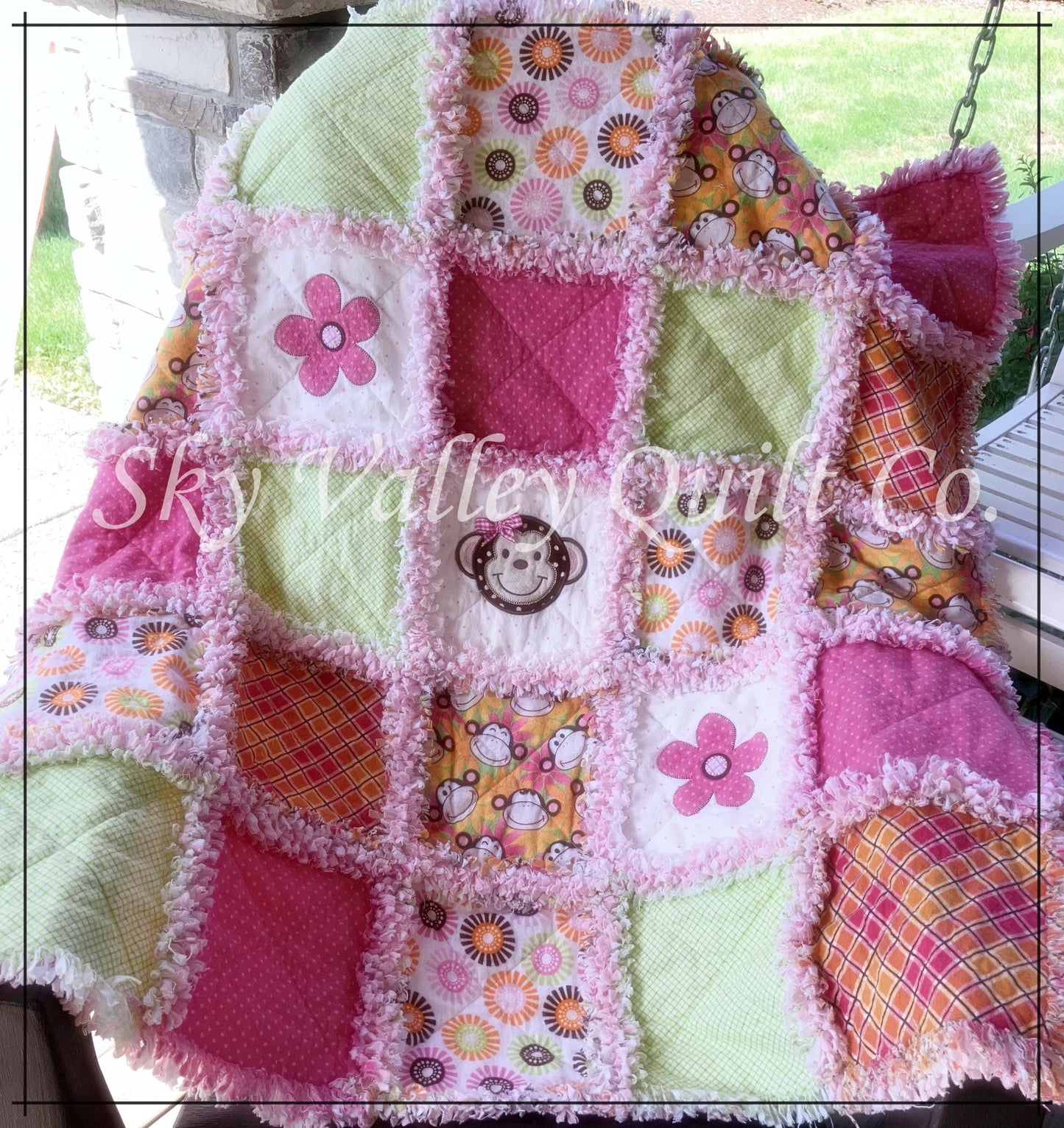 Finished and ready to ship rag quilt -pink and green monkey applique quilt