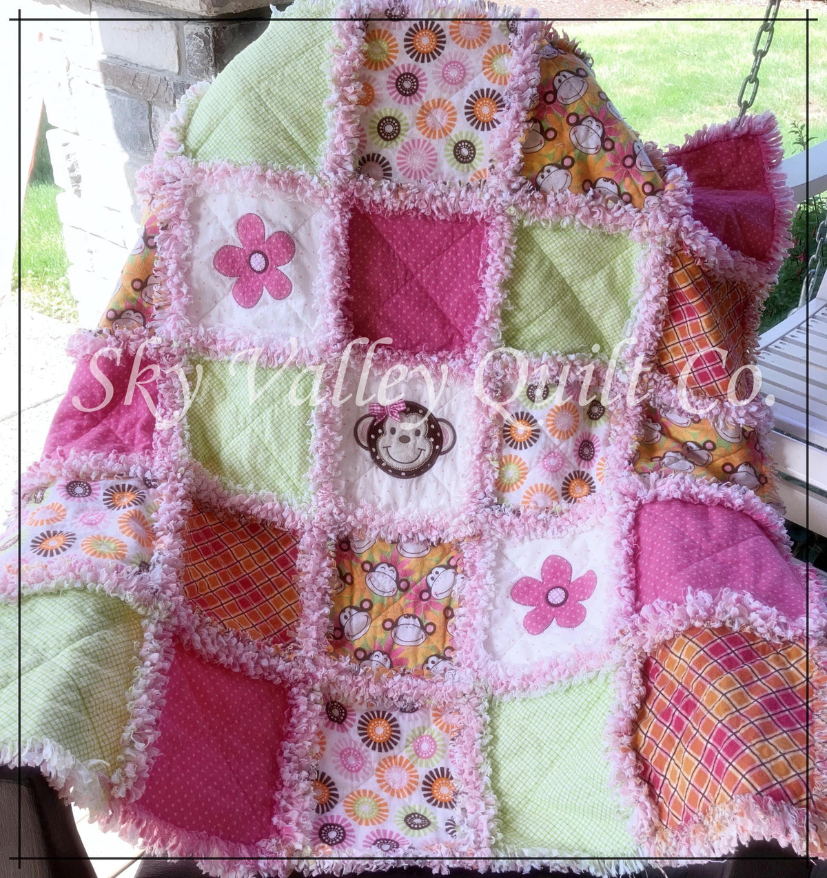 Finished and ready to ship rag quilt -pink and green monkey applique quilt