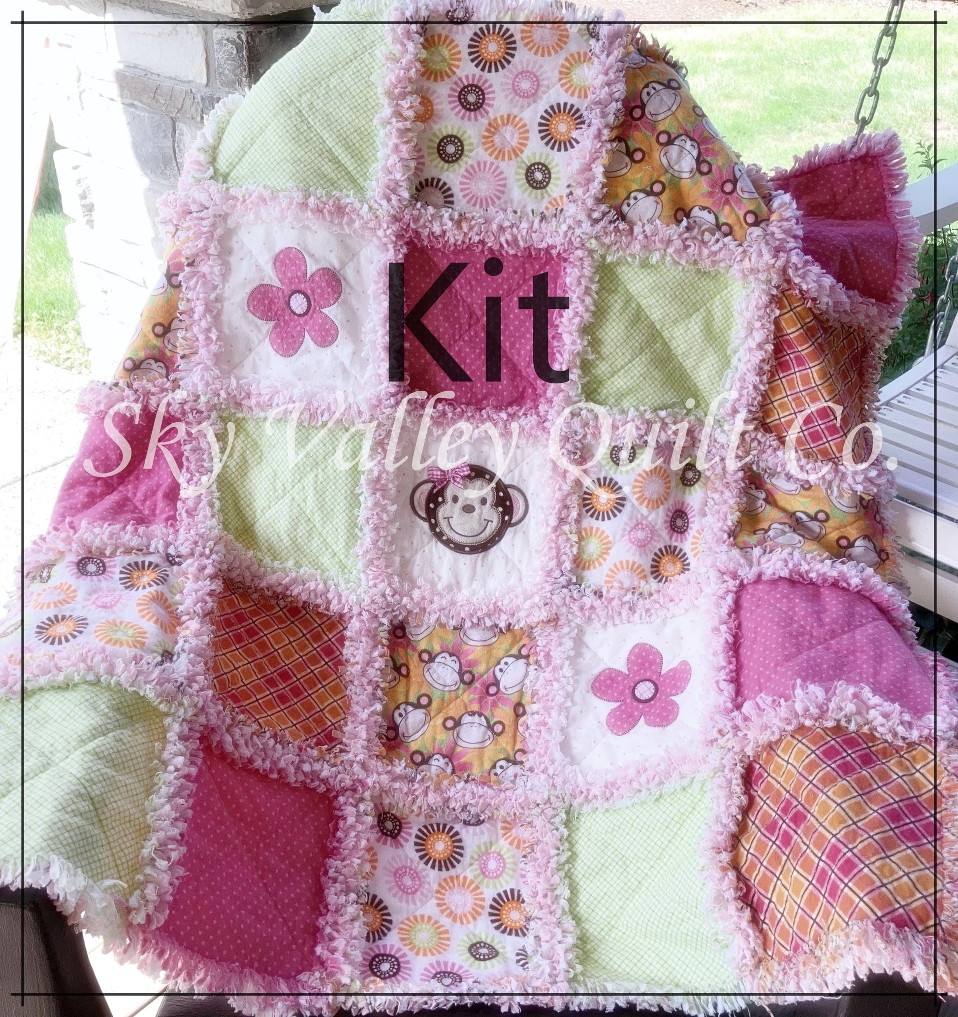 Pre Cut Rag Quilt KIT -pink and green monkeys, all 3 layers included!