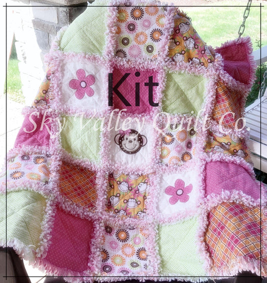 Pre Cut Rag Quilt KIT -pink and green monkeys, all 3 layers included!