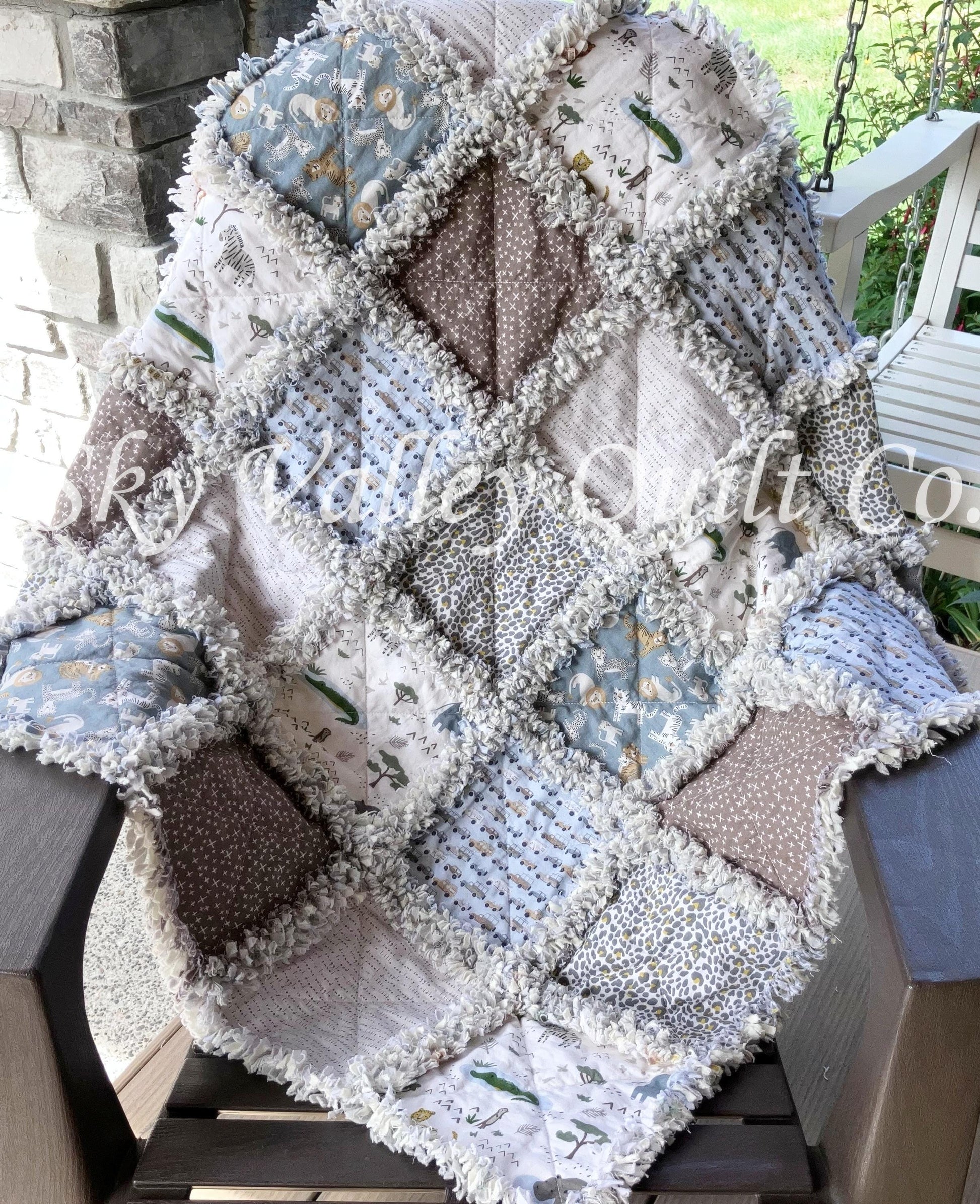 Pre Cut Rag Quilt KIT -Riley Blake Leo and Savannah, safari animals, blue and tan