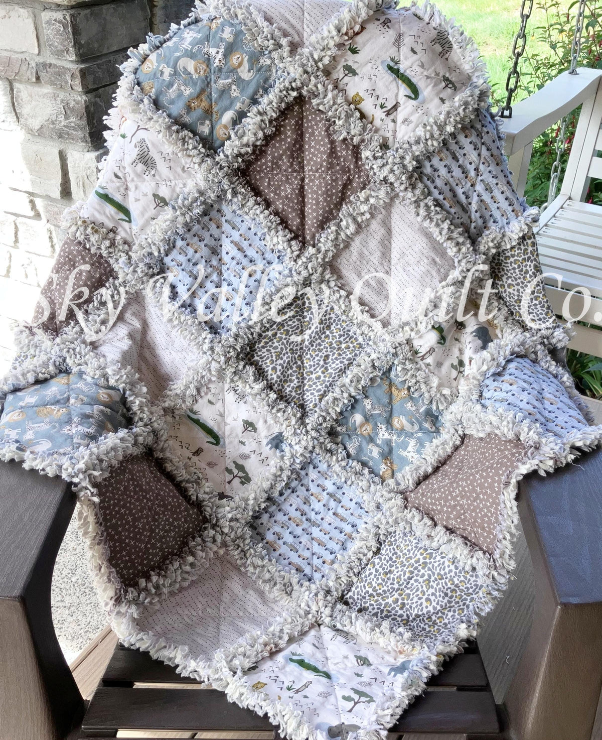 Pre Cut Rag Quilt KIT -Riley Blake Leo and Savannah, safari animals, blue and tan