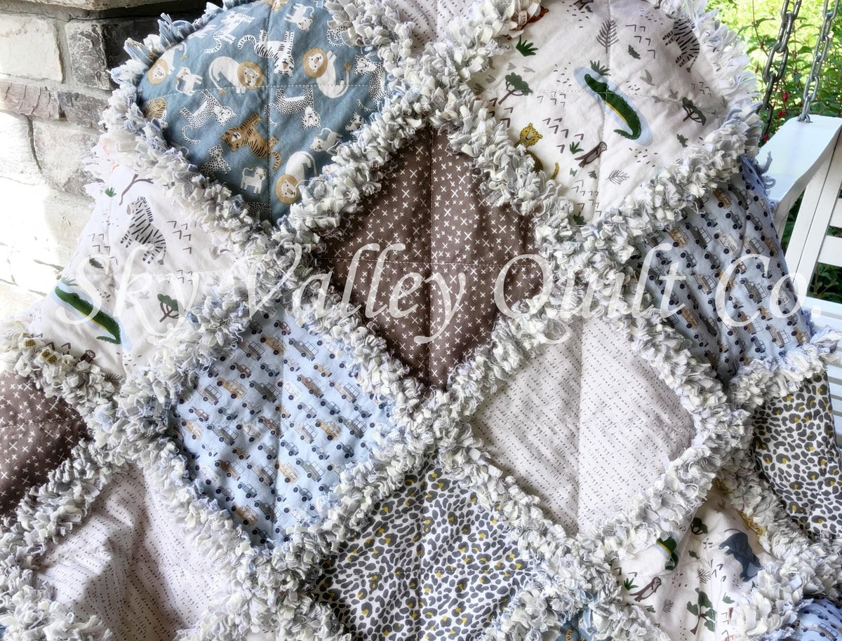 Pre Cut Rag Quilt KIT -Riley Blake Leo and Savannah, safari animals, blue and tan