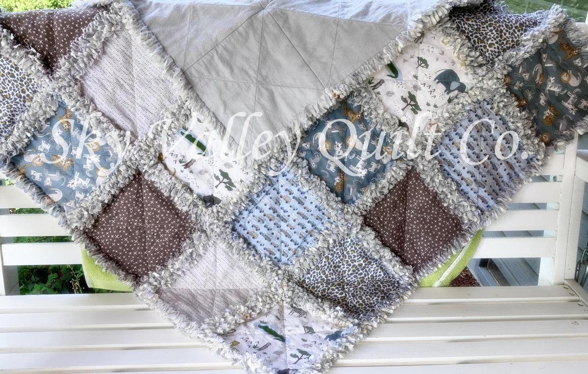 Pre Cut Rag Quilt KIT -Riley Blake Leo and Savannah, safari animals, blue and tan