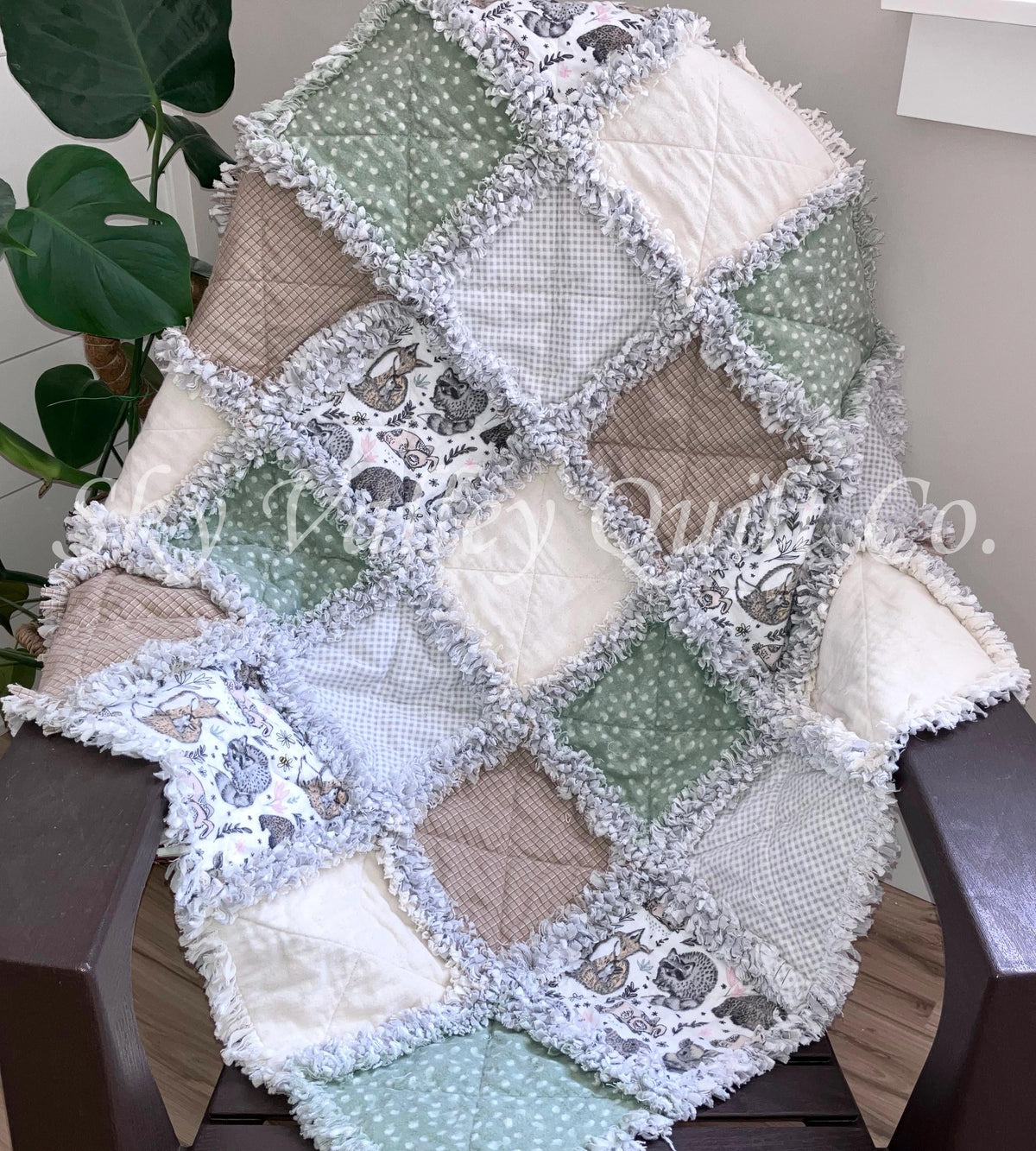 Pre Cut Rag Quilt KIT -gender neutral woodland animals in green gray and beige