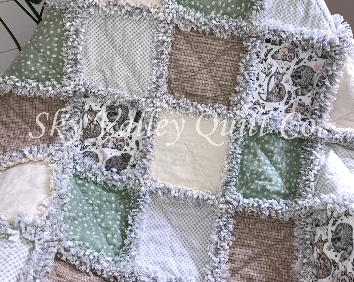 Pre Cut Rag Quilt KIT -gender neutral woodland animals in green gray and beige