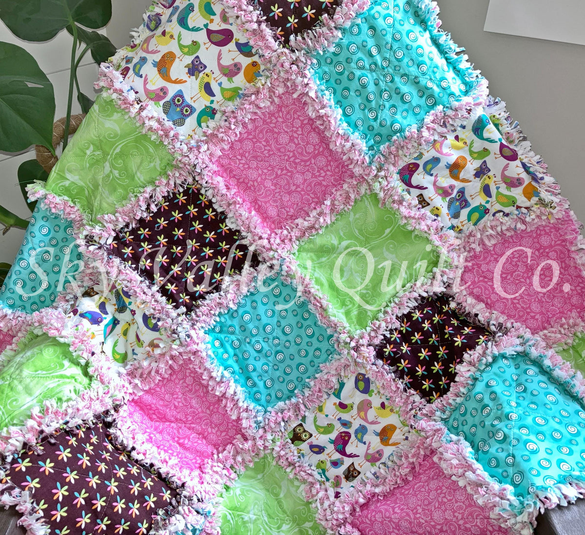 Pre Cut Rag Quilt KIT -bright cheerful birds and owls, pink and green