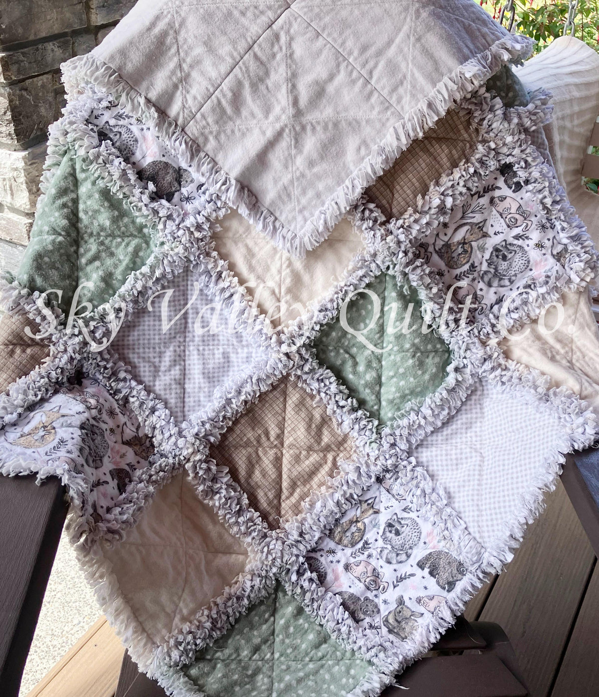 Pre Cut Rag Quilt KIT -gender neutral woodland animals in green gray and beige