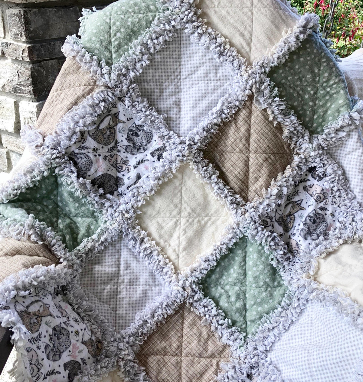 Pre Cut Rag Quilt KIT -gender neutral woodland animals in green gray and beige