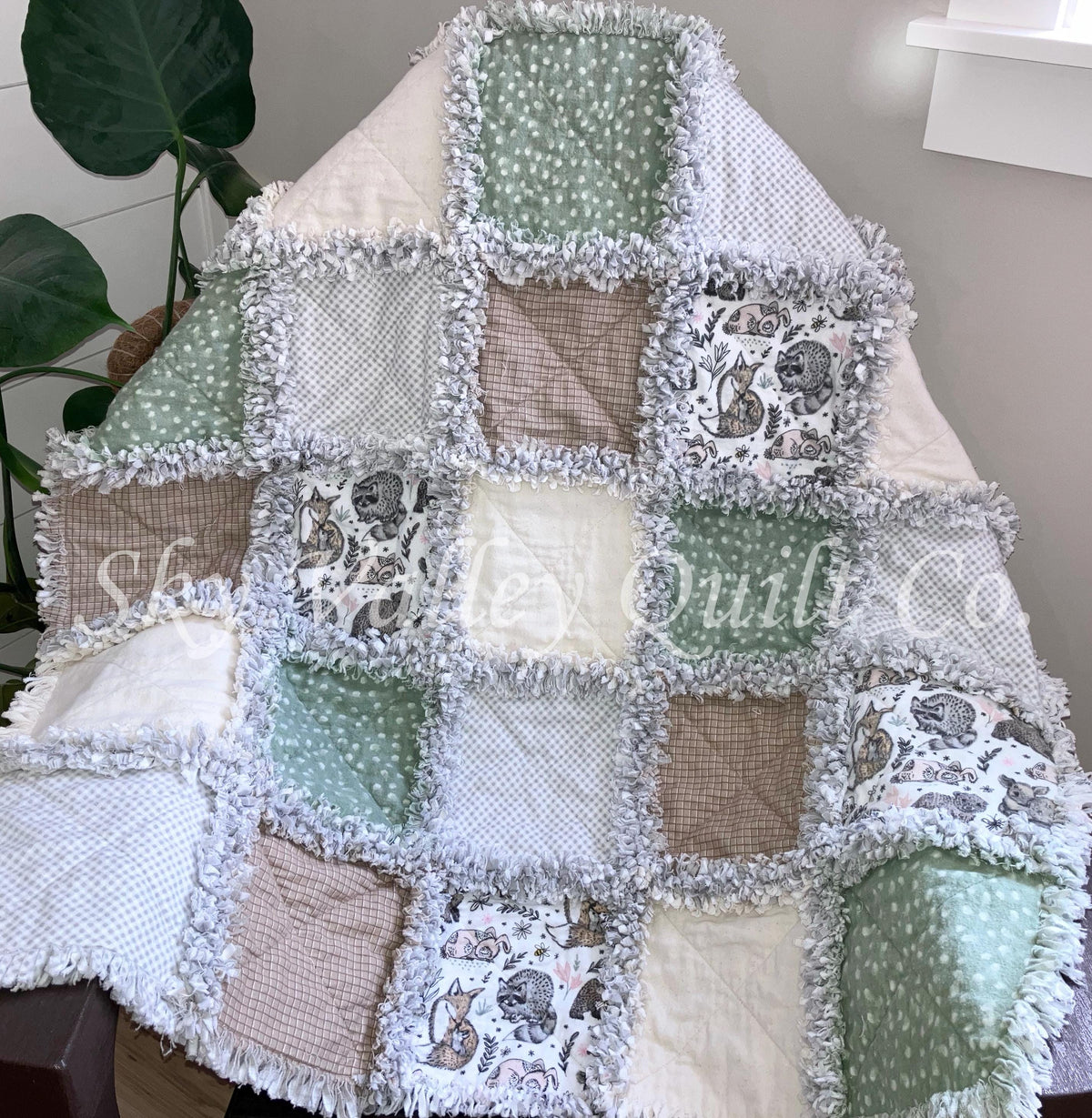 Pre Cut Rag Quilt KIT -gender neutral woodland animals in green gray and beige