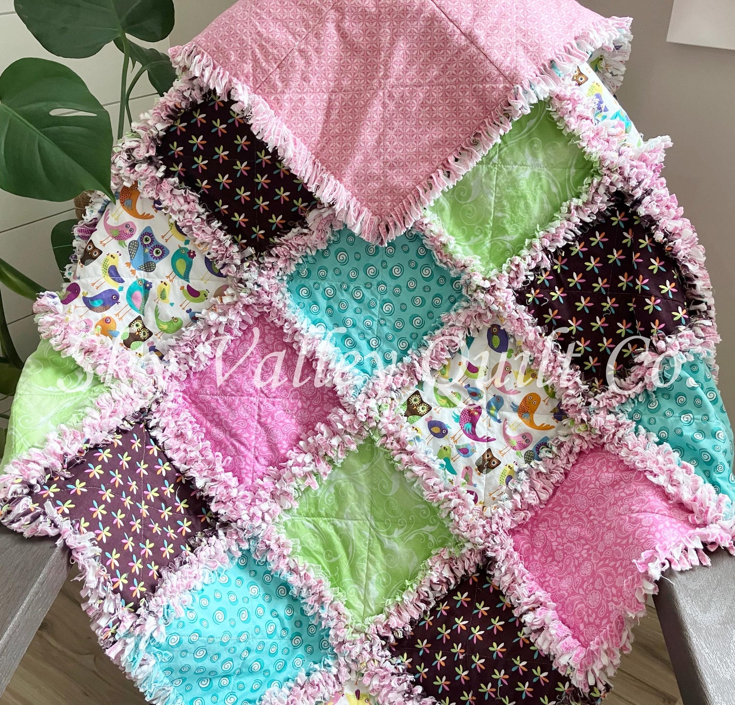Pre Cut Rag Quilt KIT -bright cheerful birds and owls, pink and green