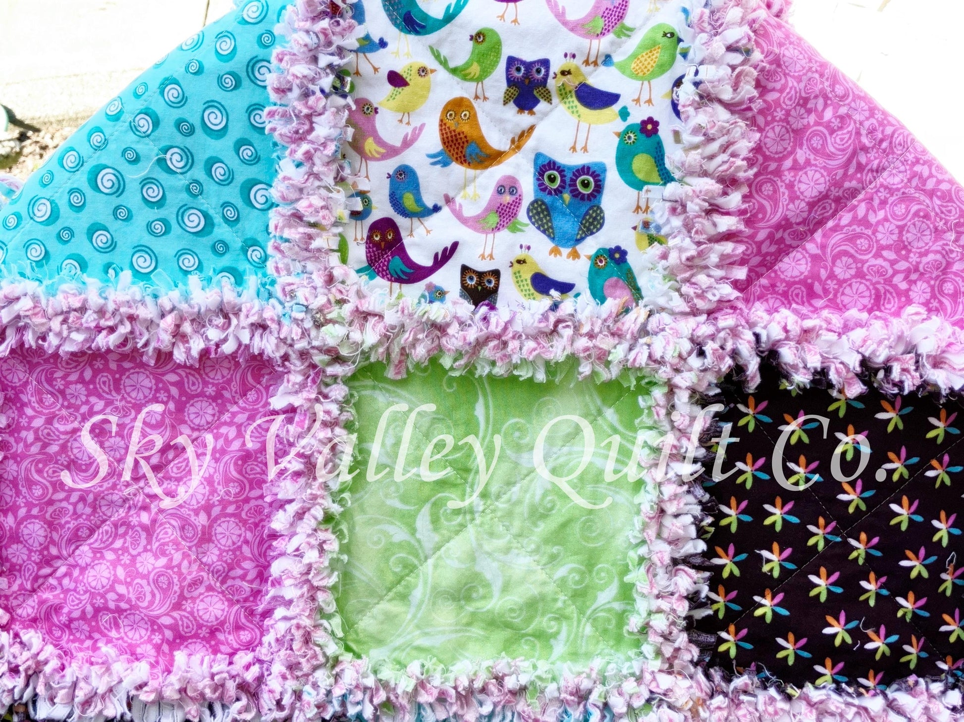 Pre Cut Rag Quilt KIT -bright cheerful birds and owls, pink and green