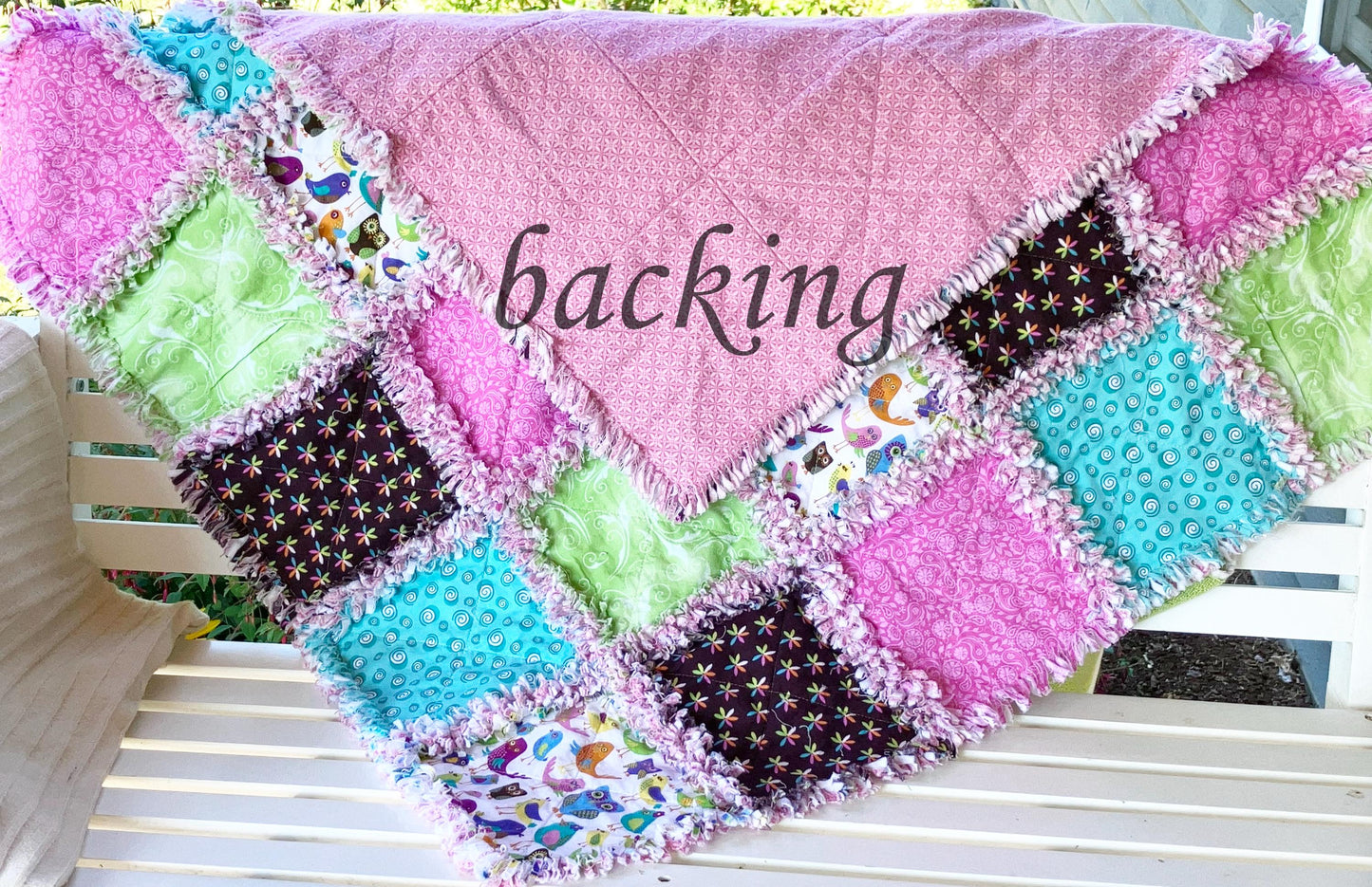 Pre Cut Rag Quilt KIT -bright cheerful birds and owls, pink and green