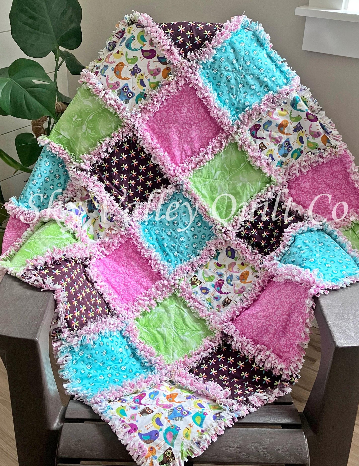 Pre Cut Rag Quilt KIT -bright cheerful birds and owls, pink and green