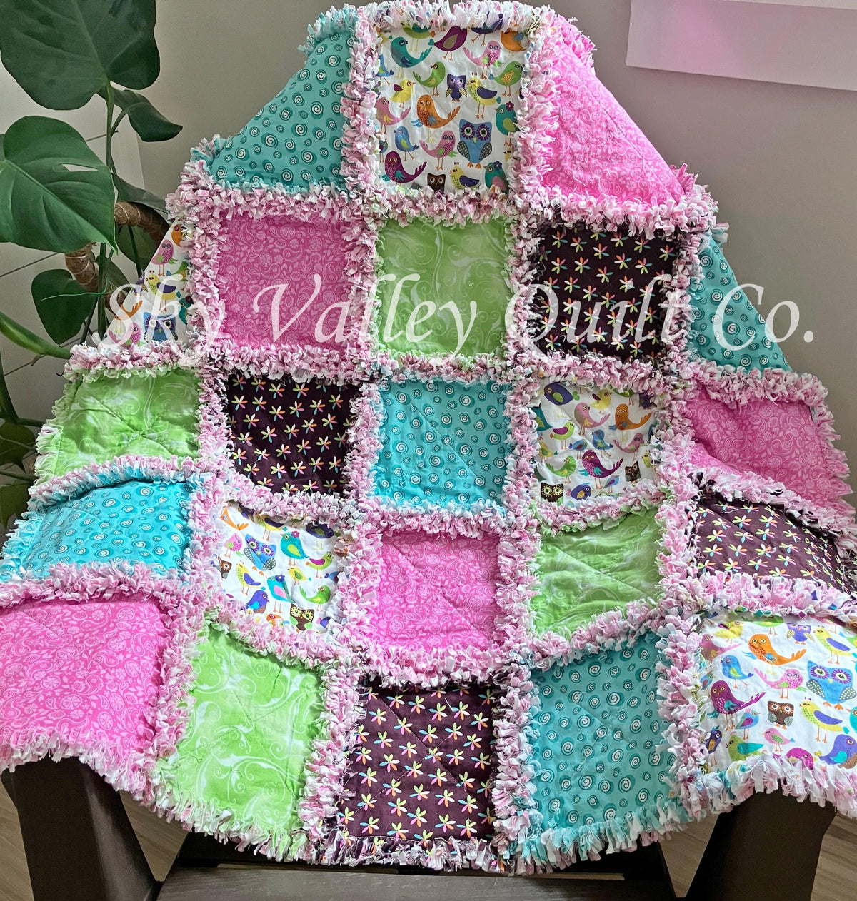 Pre Cut Rag Quilt KIT -bright cheerful birds and owls, pink and green