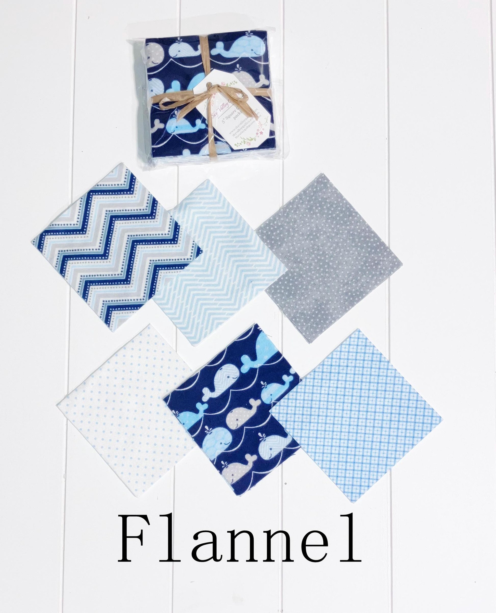 Blue and Gray whales 5" charm square pack~ Flannel Fabric