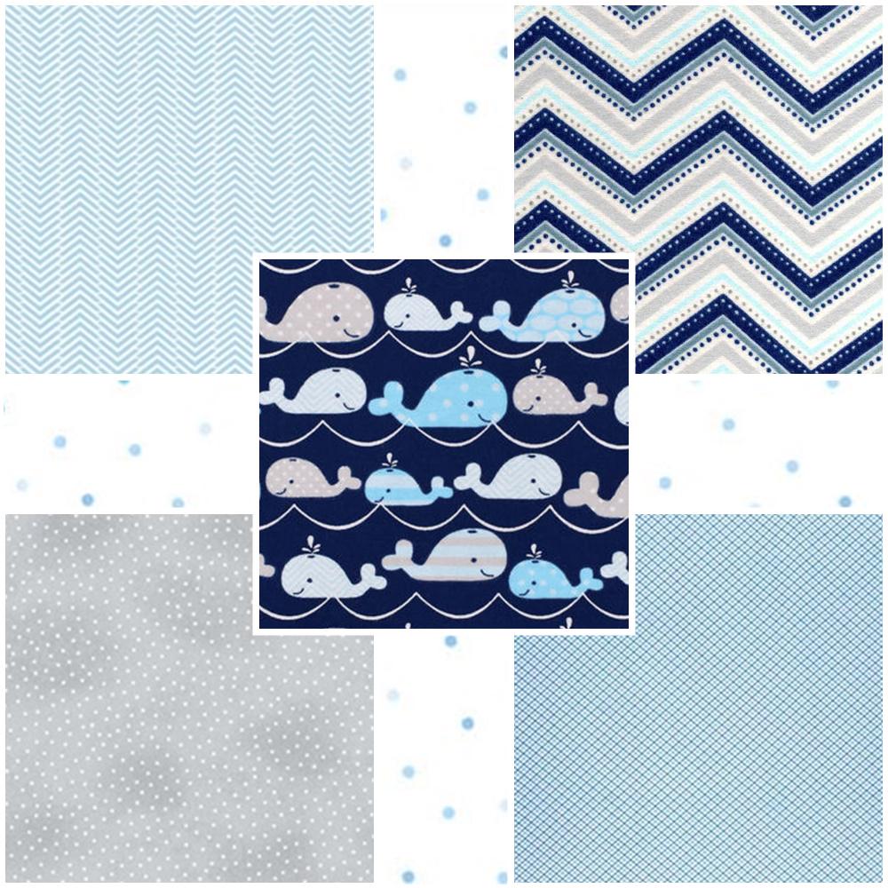 Blue and Gray whales 5" charm square pack~ Flannel Fabric