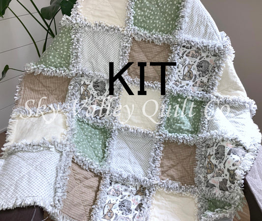 Pre Cut Rag Quilt KIT -gender neutral woodland animals in green gray and beige